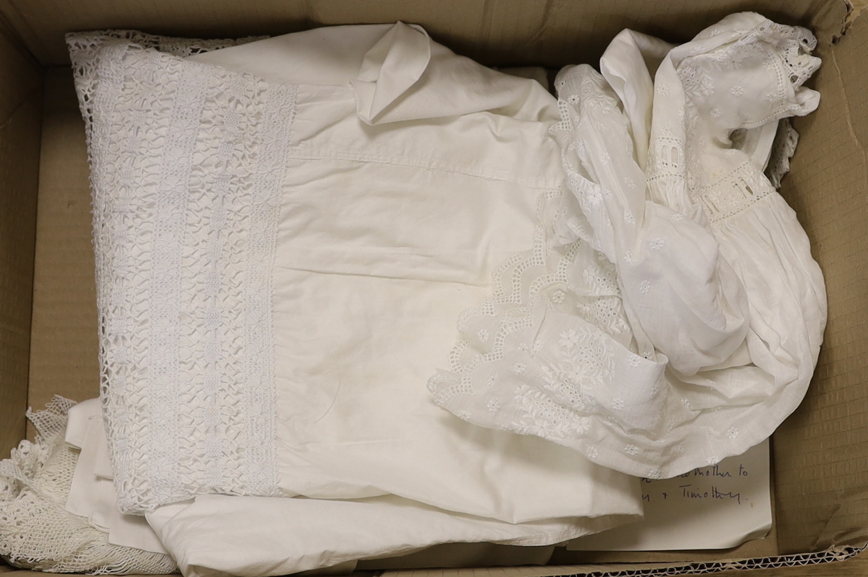 A small collection of early 20th century linen, crochet edge mats, cloths, a petticoat, Bertha, lace stole, etc.